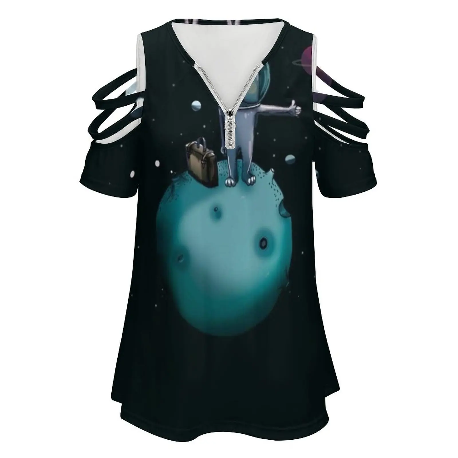 Hitchhiking Bunny New Fashion Zip Off Shoulder Top Short-Sleeve Women Shirt Bunny Hitchhiking Space Stars Cute Rabbit Animals