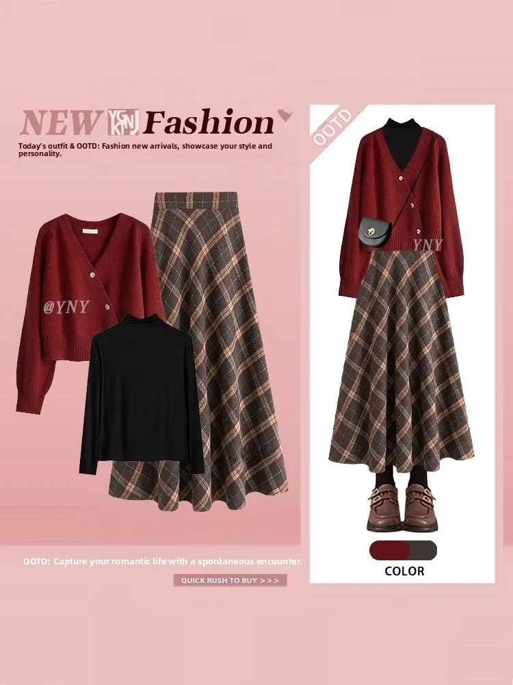 

Вязаный кардиган и клетчатая юбка в стиле ретро, женский осенне-зимний комплект для похудения Faion Ensemble Long Sve round Ne Loose Fit