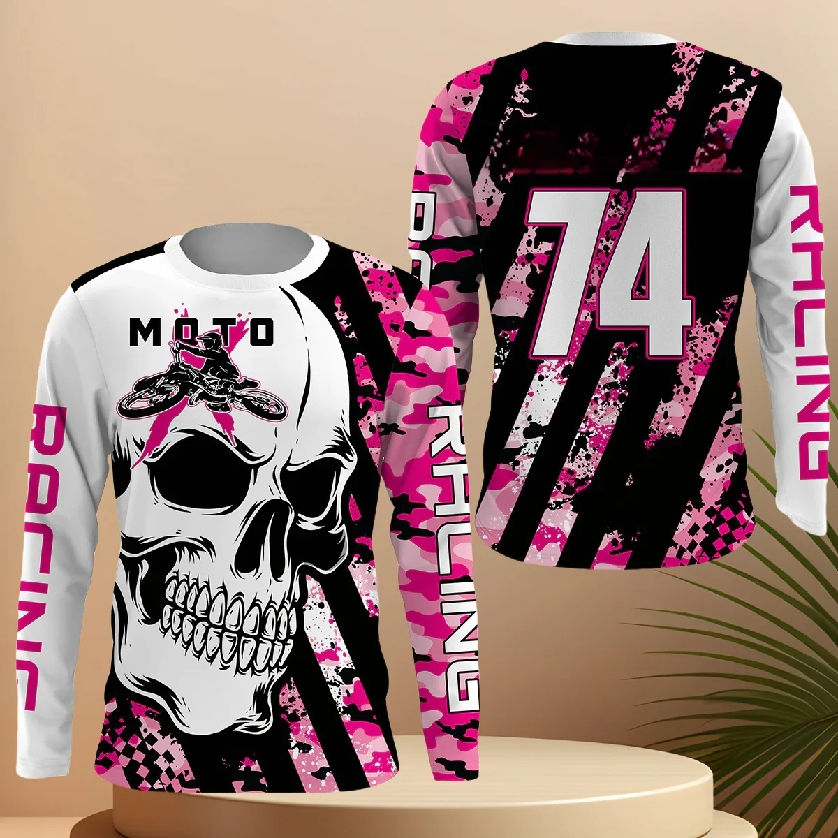 

2025 Summer New Motorcycle Riding Long Sleeve Top # 74 Skull Print Breathable Quick Drying Round Neck Sunscreen Sports T-Shirt