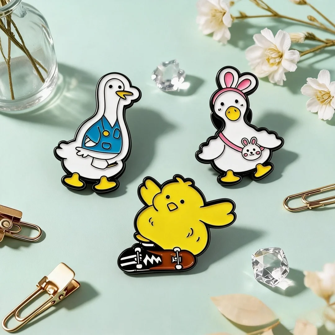 Cute Cartoon Duck Chicken Enamel Pin Set Funny Kawaii Bird Animal Metal Brooch Badge For Backpack Jacket Decor Gift