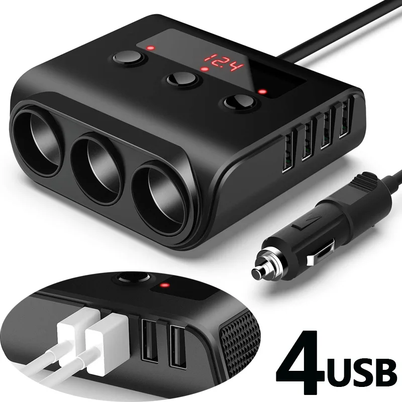 12-24V Car Cigarette Lighter Socket Splitter Car Charger With ON/OFF Switch 4 Ports USB Charger For GPS Mobile Phone New