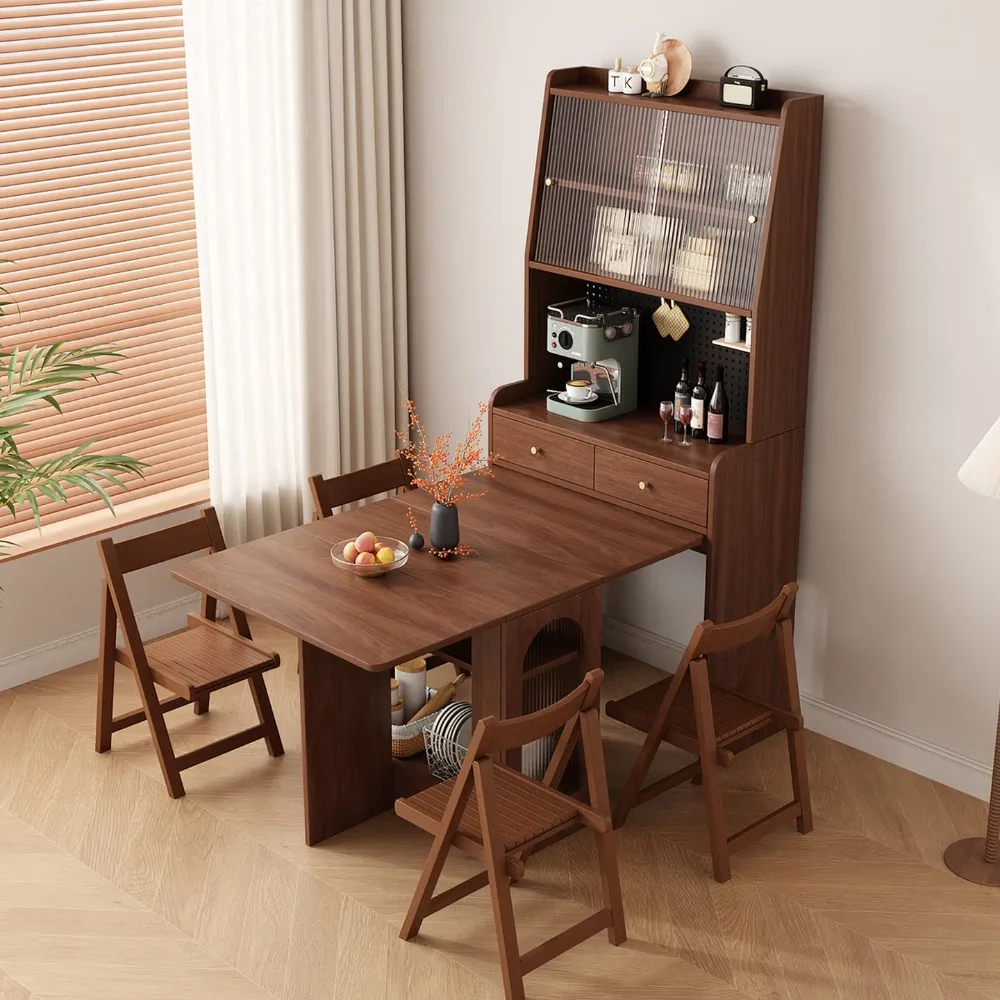 #Space Saving Foldable Embedded Dining Cabinet & Table Combo Retractable Wall-Mounted Storage Sideboard With Wine Rack For Home