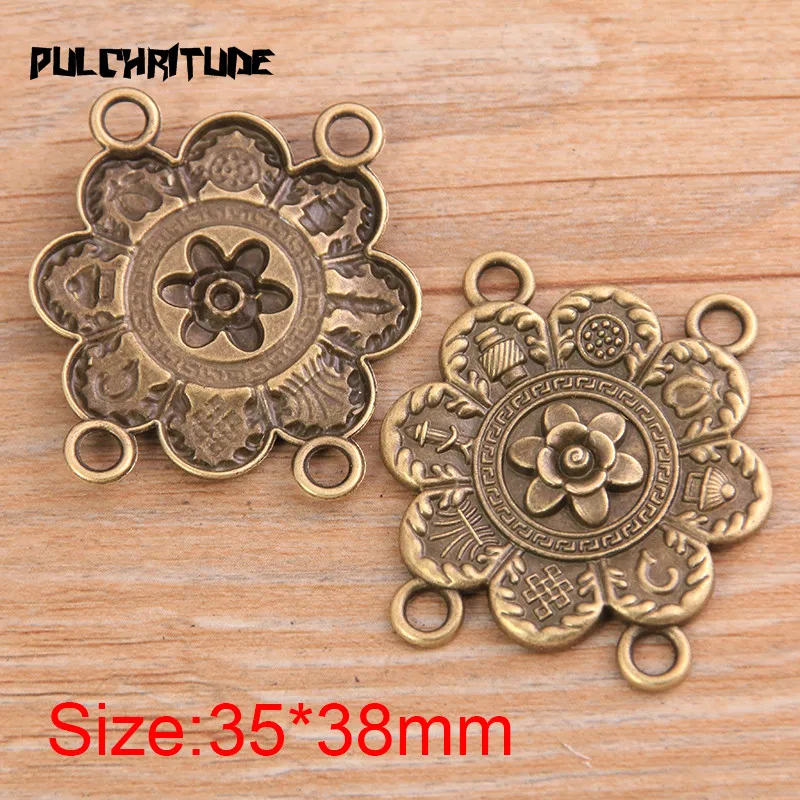 PULCHRITUDE 4pcs 35*38mm Retro Two Color Zinc Alloy Shaped Flower Pendants Connectors Linker For DIY Charm Jewelry Accessorie