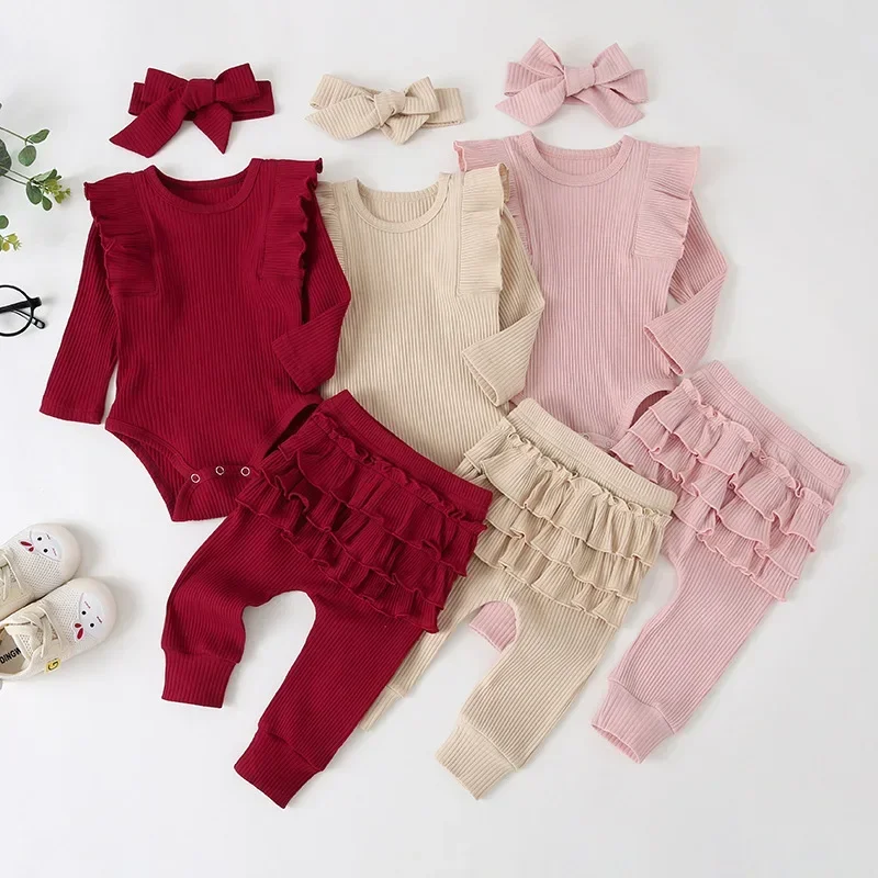 0-24M Newborn Infant Baby Girls Ruffle T-Shirt Romper Tops Leggings Pant Outfits Clothes Set Long Sleeve Fall Baby Clothing