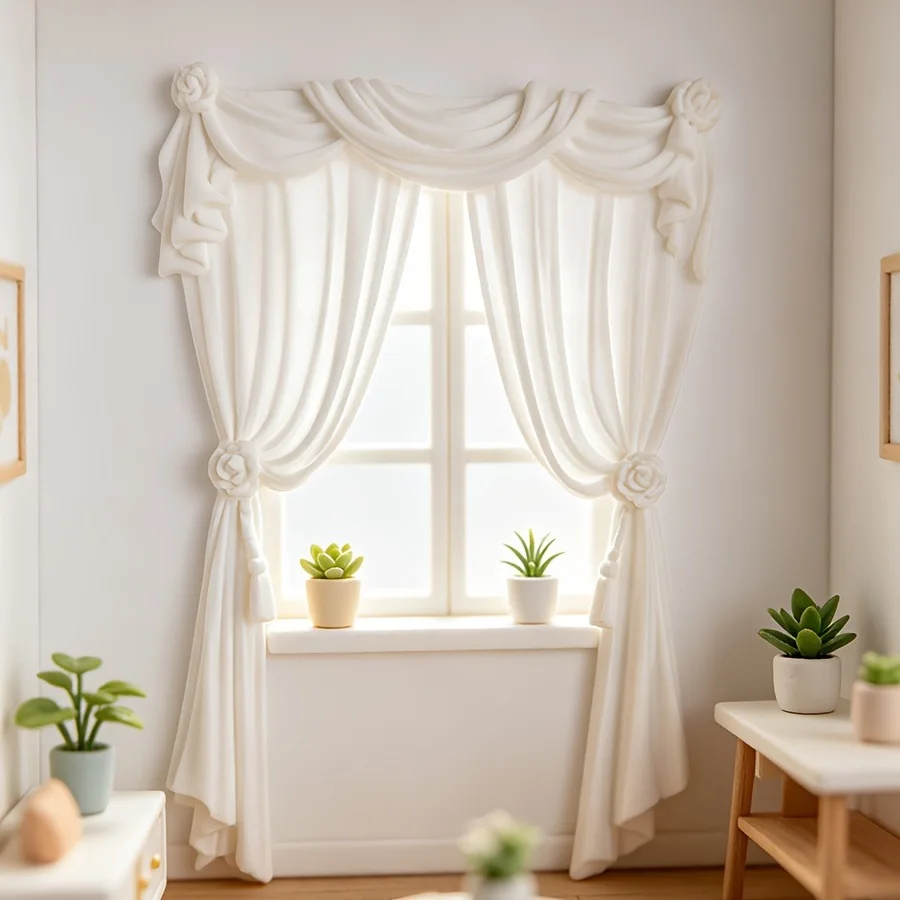 

Miniature Dollhouse Curtain with Flower Ties, 1/12 Scale White Window Drape for Dollhouse Decor