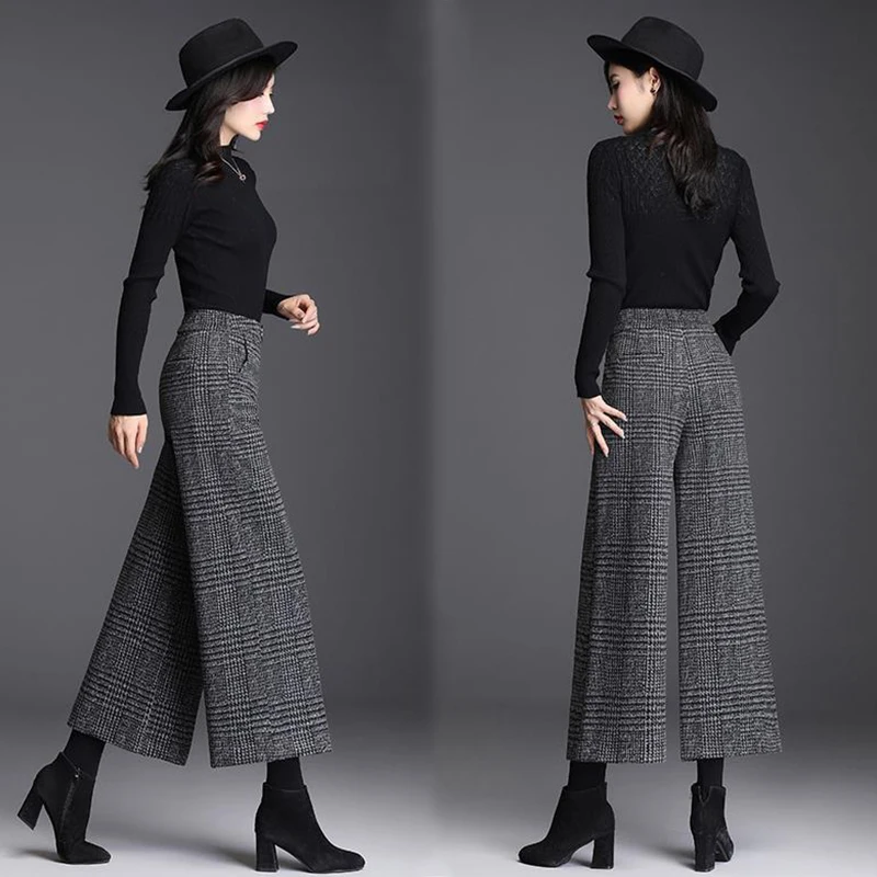 Autumn Winter Women's Woolen Pants New Plaid Pocket Korean Fashion Thicken High Waist Straight Wide Leg Ankle Length Trousers