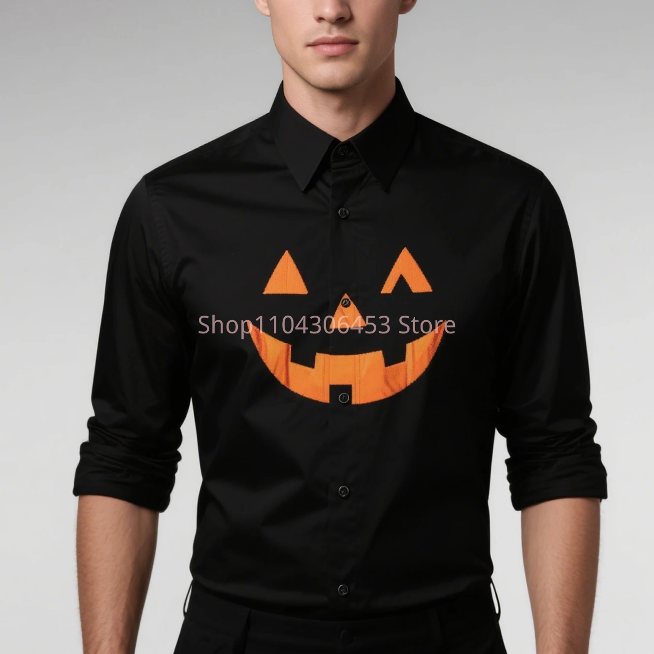 2025 Men's Halloween Pumpkin Ghost Witch 3D Printing Funny Shirt Hawaiian Casual Long Sleeve Lapel Shirt Party Simple Retro Top