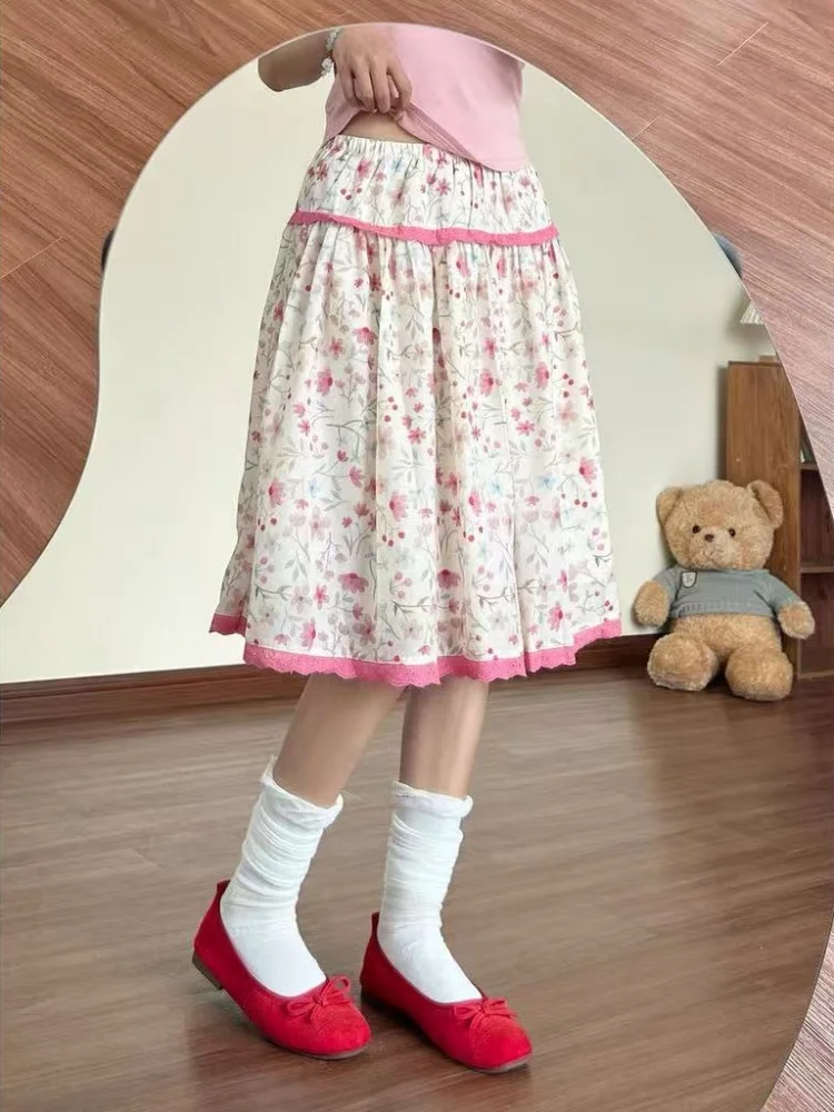 Color Block Lace Patched Floral Skirt for Women Summer Casual A-line Beautiful Loose Fit Skirts Aesthetic Vintage Clothes 2026