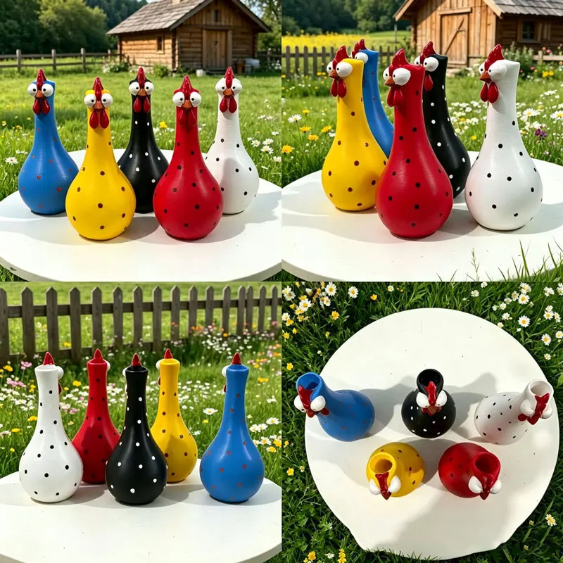 Colorful Long Neck Dot Chicken Vases Cartoon Art Rooster Resin Sculpture Vase Home Desk Garden Outdoor Decor Flower Arrangement