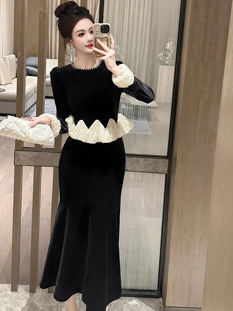 Women's Exquisite Elegant Fake 2 Piece Formal Evening Dress Lady Sweet Diamonds Sheer Mesh Sequin Fishtail Robe Party Vestidos
