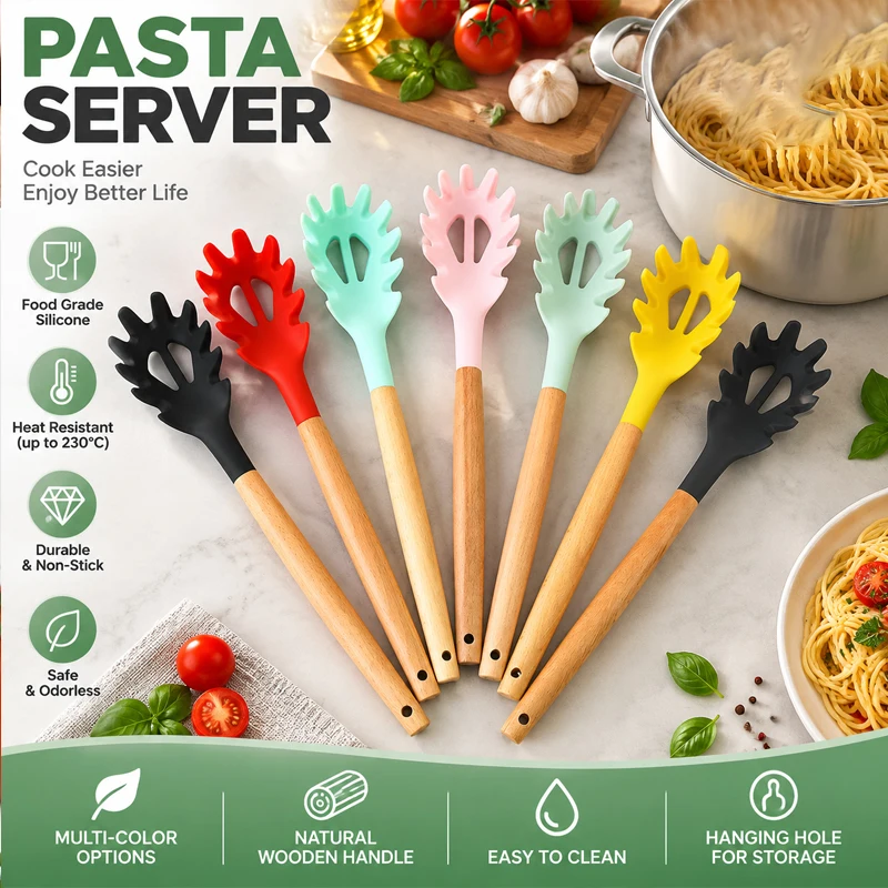 31cm Silikon-Nudelschaufel, Antihaft-Spaghetti-Greifer, Pasta-Servierlöffel mit Sieb und Holzgriff, Küchen-Greiferlöffel
