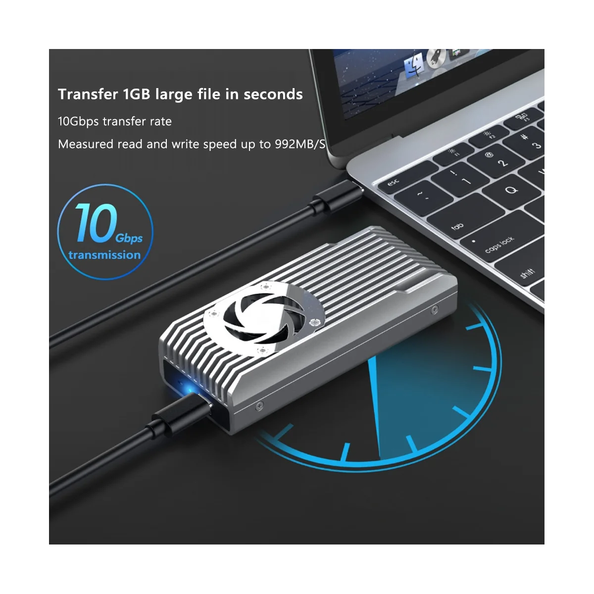 INEO M.2 SSD Enclosure Built-in Cooling Fan 10Gbps USB3.1 Gen2 Type-C M.2 NVMe Case Enclosure Support 2230 2242 2260 2280