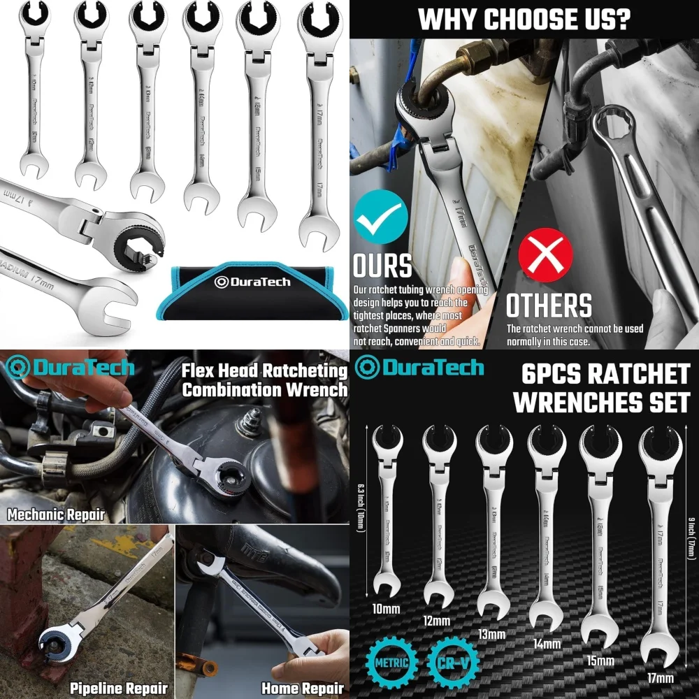 Set di utensili manuali Set di chiavi a cricchetto da 6 pezzi con testa flessibile metrico include borsa organizer