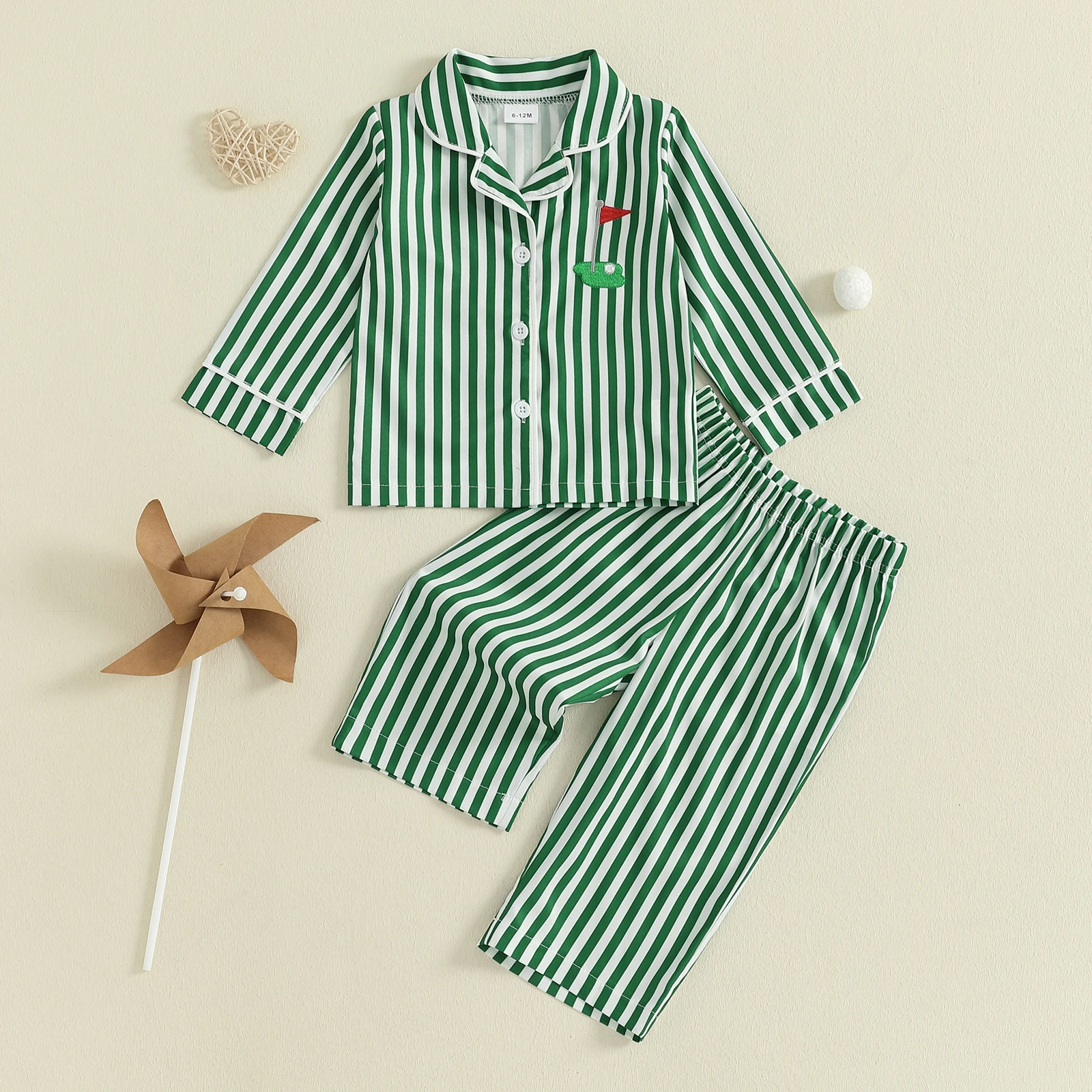 

Kid Boys Girls Fall Pajamas Set Stripe Print Golf Embroidery Long Sleeve Lapel Tops with Pants Two Pieces Sleepwear