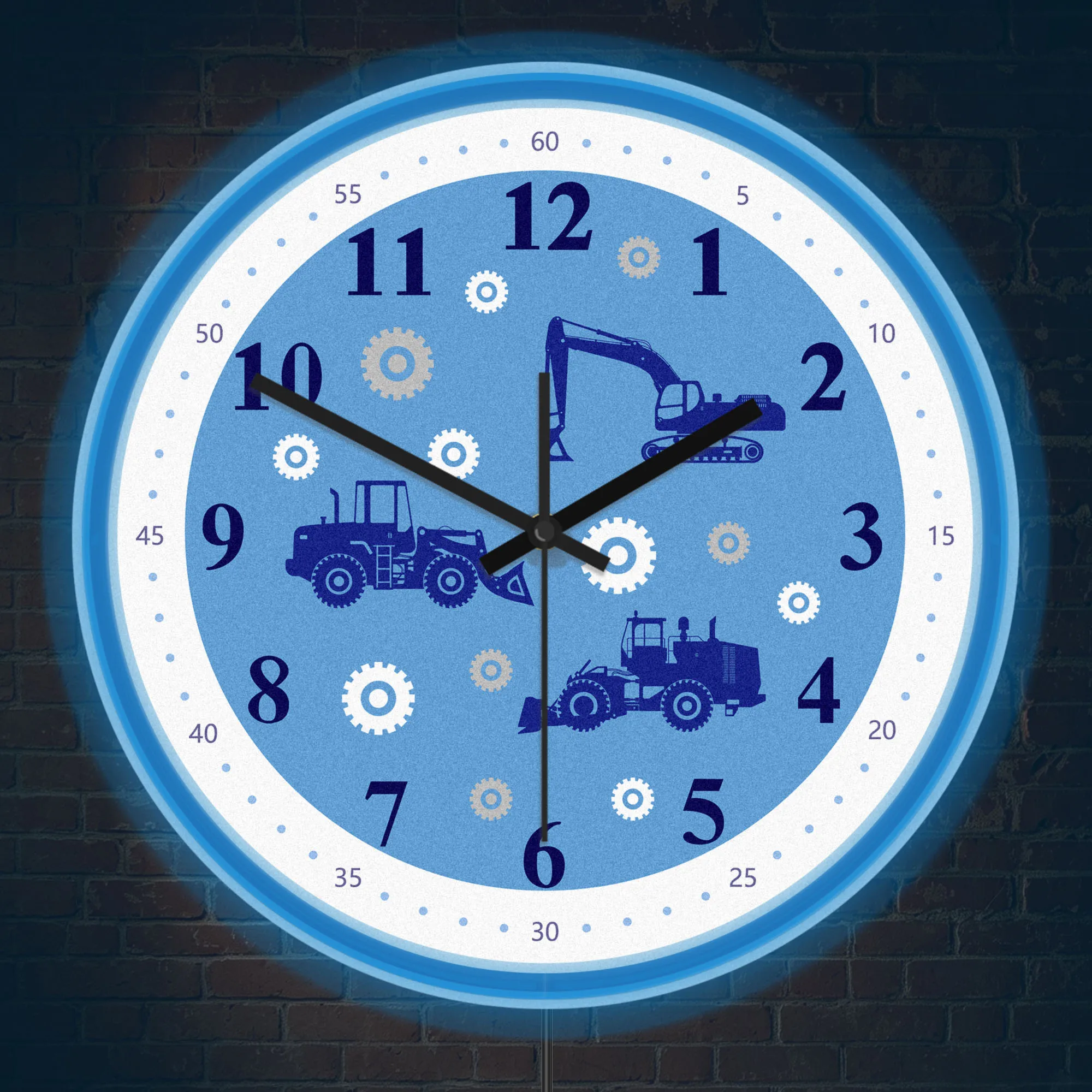 Construction Vehicle Excavator Silhouette Neon Rim Wall Clock for Boys Room Blue Engineering Truck LED Night Light Wall Clock