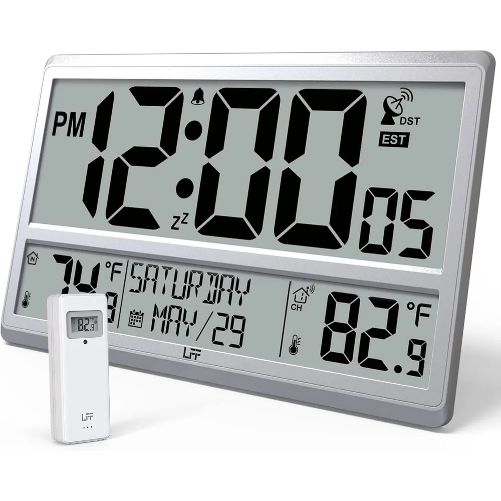 

Atomic Wall Clock with Indoor & Outdoor Temperature，Never Needs Setting, Battery Operated, Date, Time, Wireless