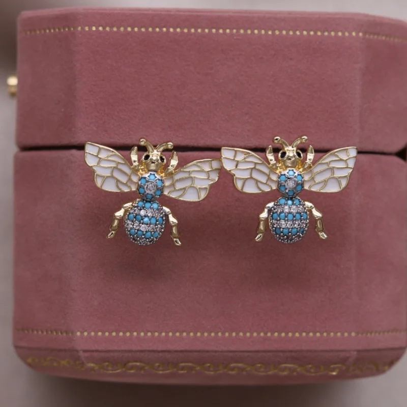 Korean new design fashion jewelry two-color plated bee enamel blue zircon earrings elegant women's daily work accessories