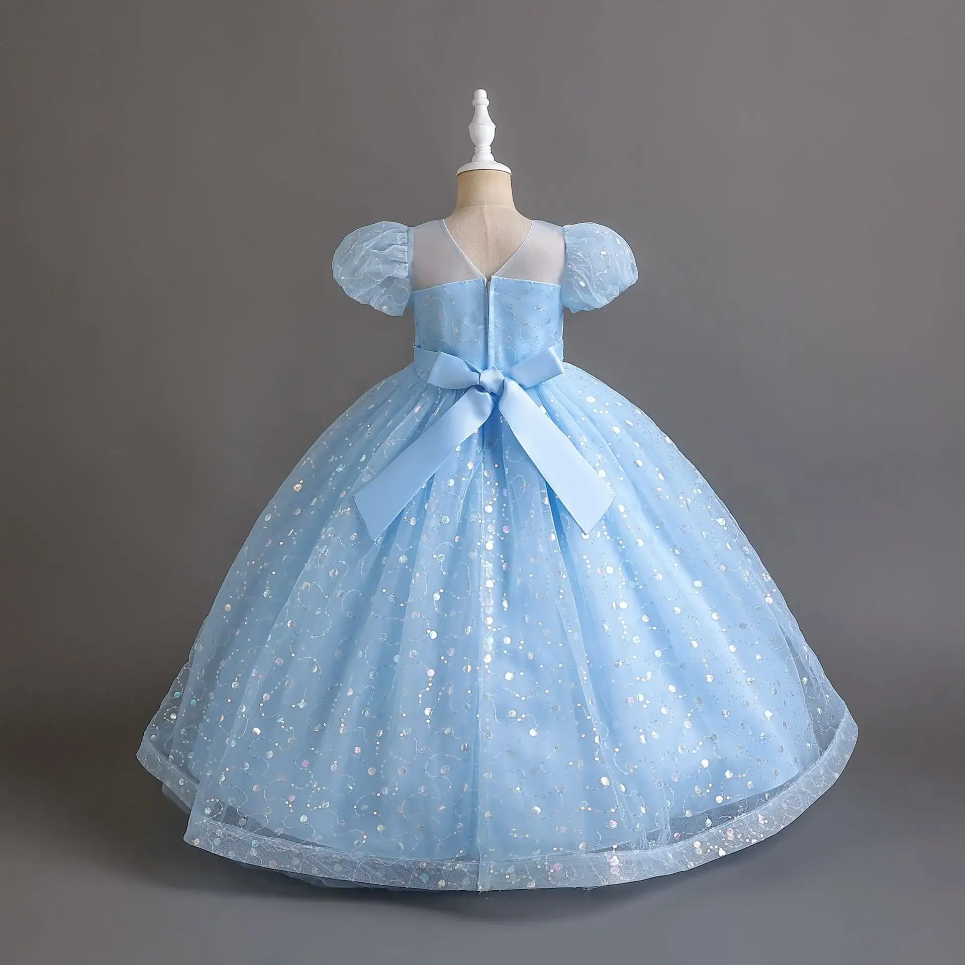 5-14 Years Sequined Tulle Puff Sleeve Princess Long Formal Occasion Bridesmaid Dress For Girls Children's Elegant Prom 공주드레스