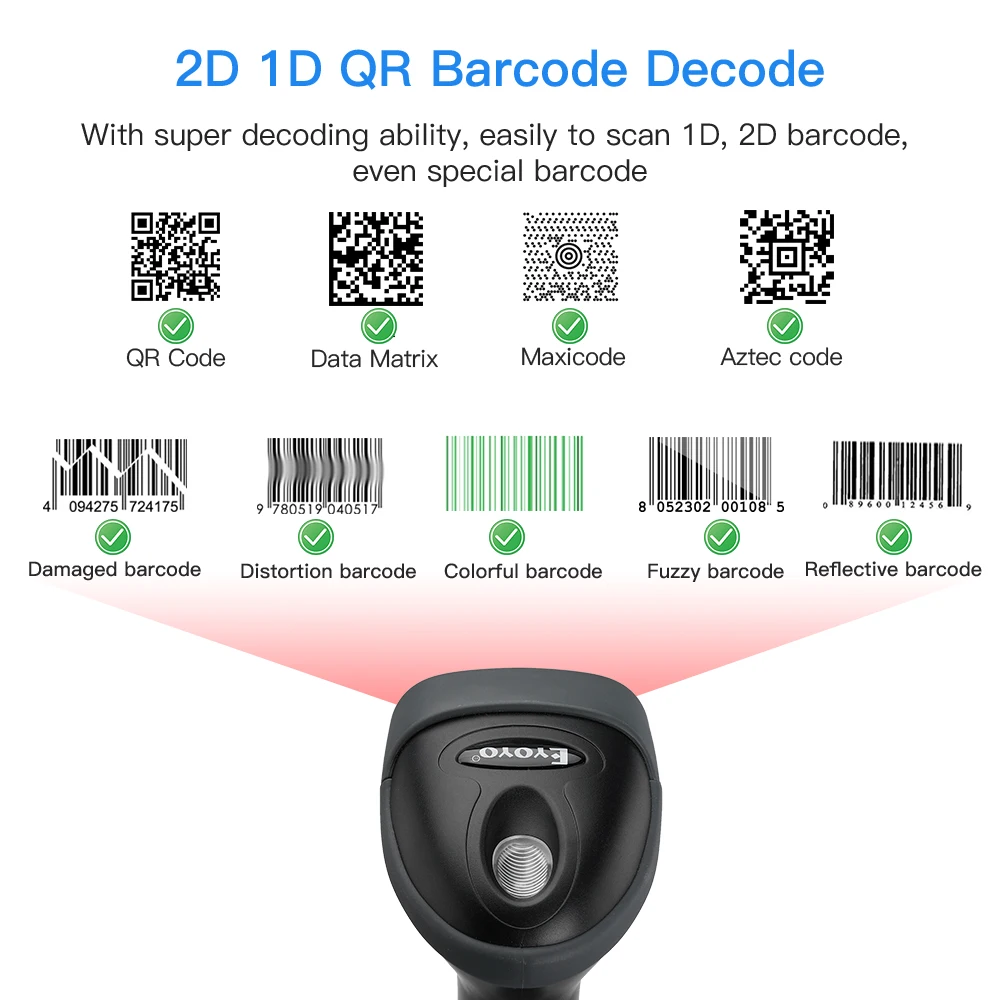 EY-H2 نموذج USB سلكي محمول باليد ماسح الباركود التلقائي كابل 1 متر للسوبر ماركت. PDF417 Data Matrix 1D 2D QR Reader
