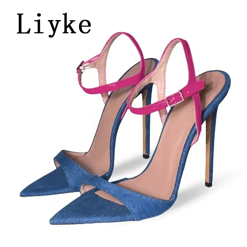 

Liyke/Новые модные разноцветные джинсовые сандалии-гладиаторы на высоком каблуке, женские модные туфли для выпускного вечера с острым носком и пряжкой на ремешке