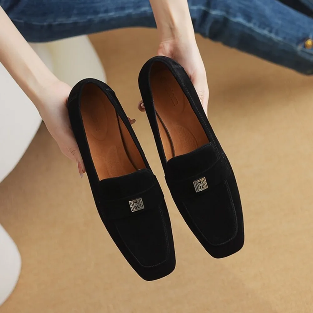 2024 New Women\'s Suede Loafers Brown Square Toe Flat Shoes For Women Genuine Leather Shallow Mouth Commuter Daily Casual Shoes