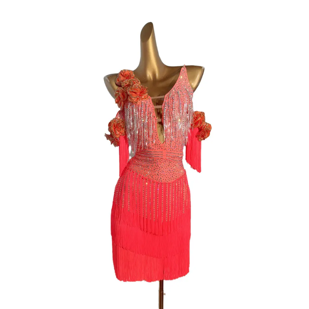 Latin danseres volwassen kinderen high-end op maat gemaakte holle kwastjesjurk Samba strass prestatiejurk