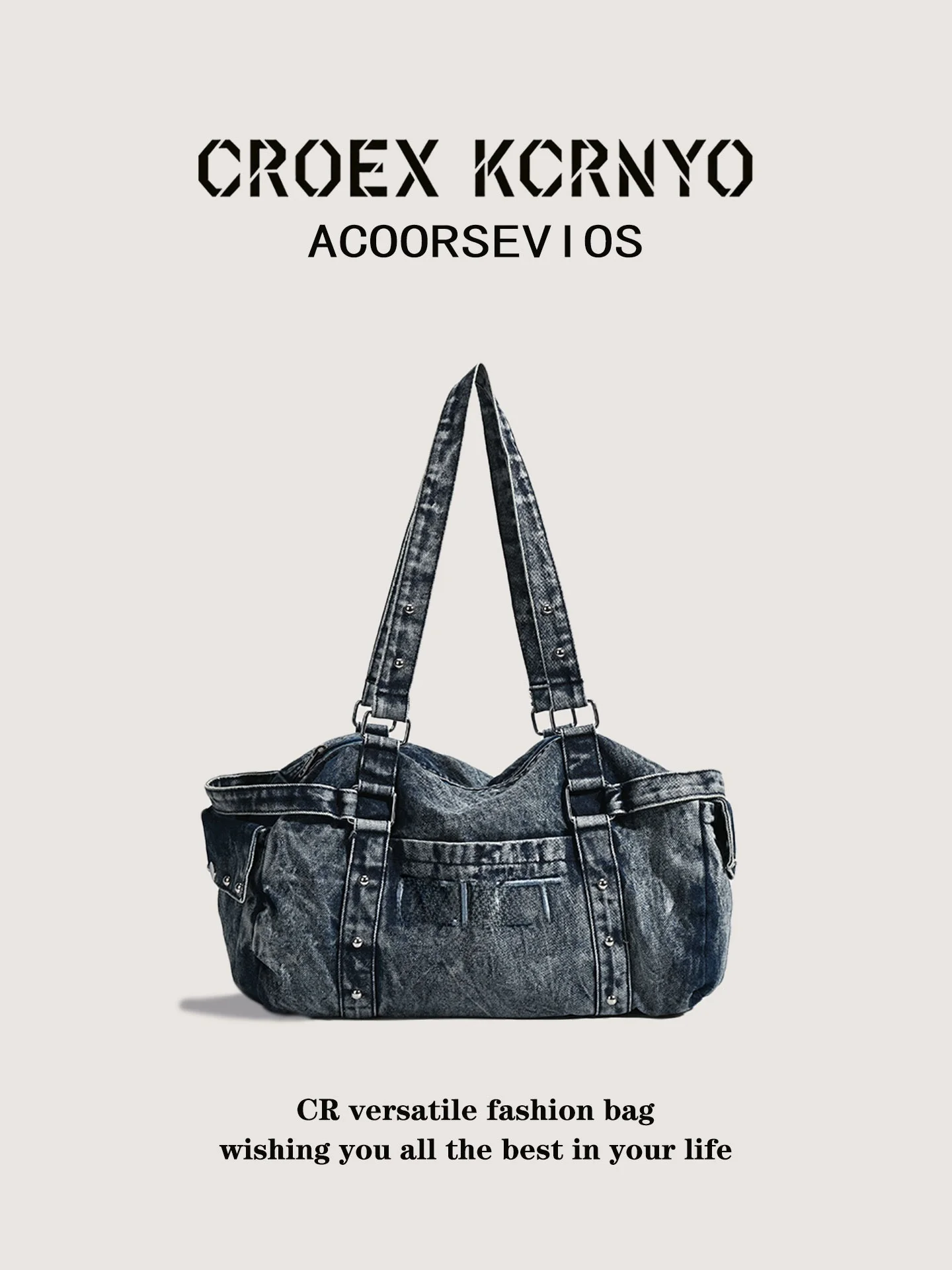 レトロ刺繍文字デニムトートバッグ女性の大容量シングルショルダーバッグ-croex-kcrnyo-カジュアルファッションハンドバッグ