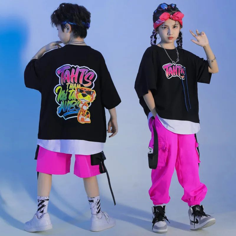 Kids Kpop Hip Hop Clothing Fake-two-piece Tops Streetwear Rose Red Pants for Girl Boy Jazz Dance Costume Clothes
