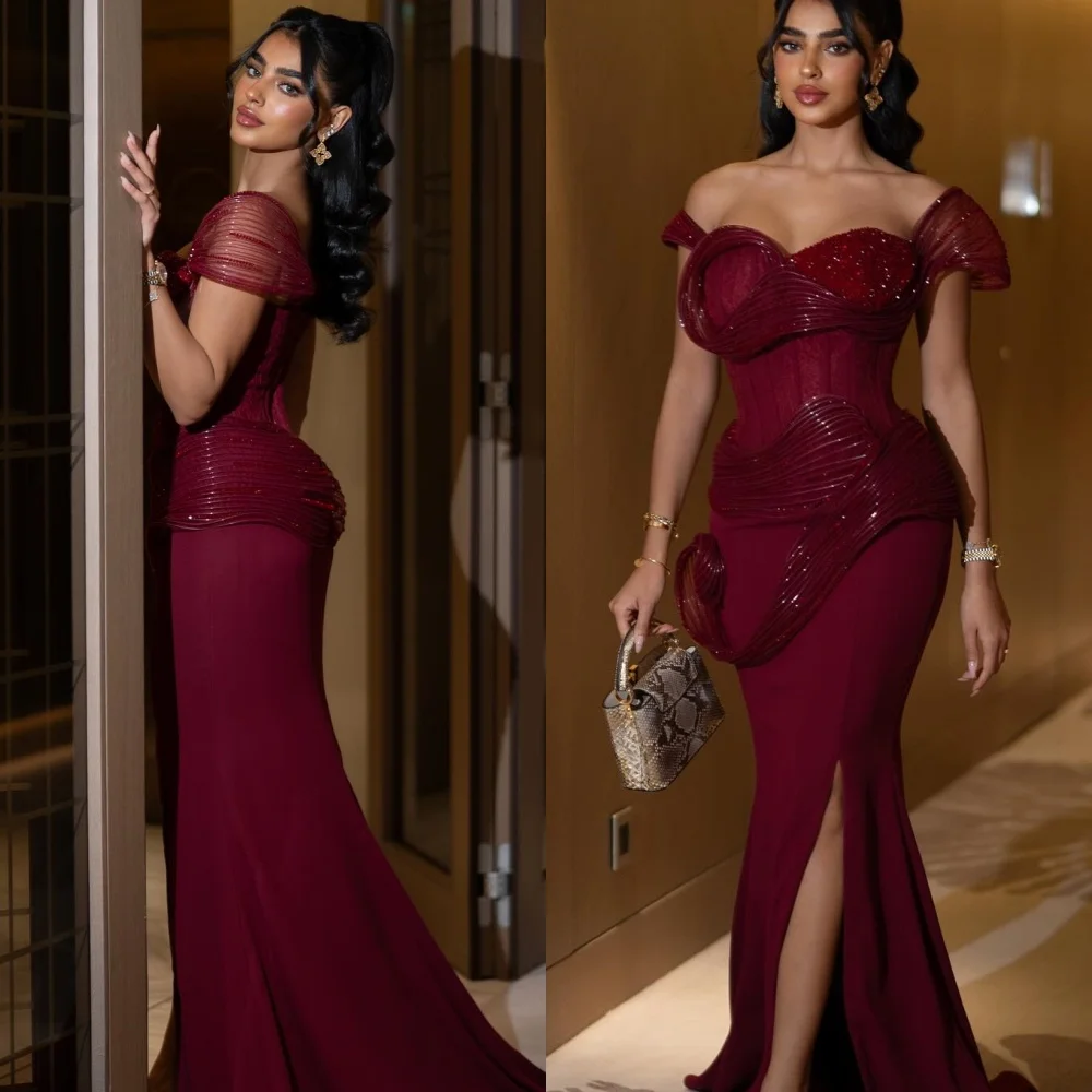 

Customized Exquisite Off the Shoulder Sleeveless Evening Dress High Quality Satin Prom Dresses Delicate Crystal Party Gowns