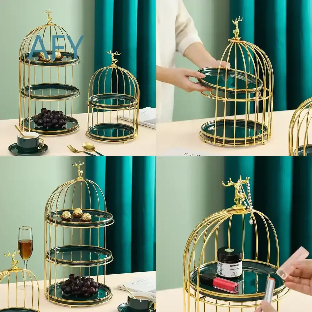 Light Luxury Hotel Snack Fruit Plate Double Three Multi-Layer Afternoon Tea Dessert Serving Tray for Home Kitchen Dining Room