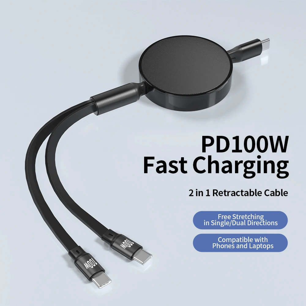كابل USB C إلى USB C 100 وات قابل للسحب 2 في 1، سلك شاحن متعدد الوظائف، سلك شحن سريع لهاتف iPhone 17، Samsung Galaxy S24