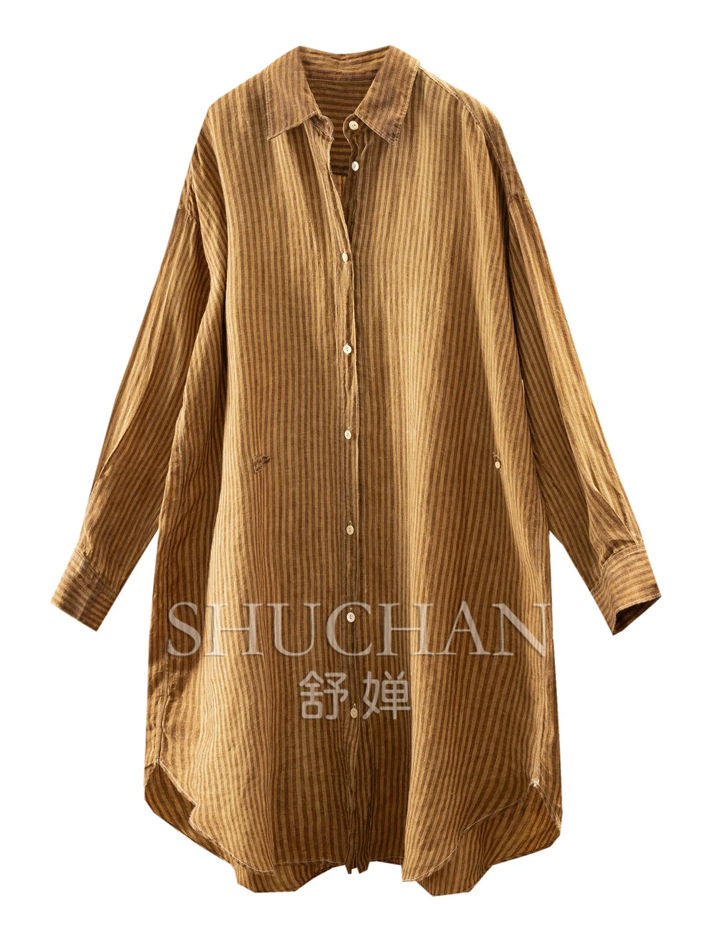 Long Shirt Design Sense Natural Persimmon Dyed Linen Striped Shirt Dress Women 65W0 Blusas Femininas Com Frete Gratis