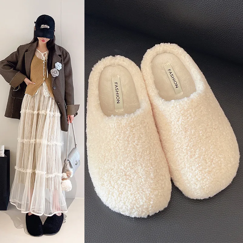 Faux Fur House Slippers Women's Leopard - Print Fuzzy Mules Winter Anti-Slip Plush Slides Solid Color Soft Sole Warm Cotton