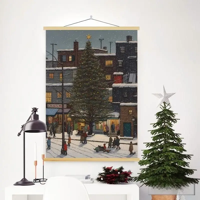 VIKAMA Wall Tapestry Winter Night City Scene Christmas Tree Red Brick Houses Snow Street Home Decor Living Room Bedroom Dorm