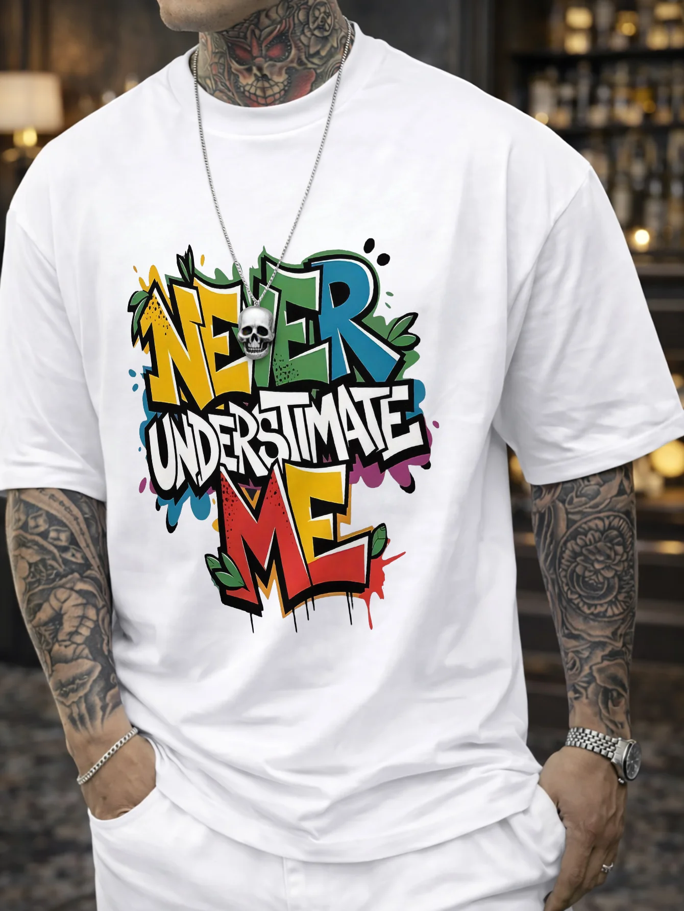 Comfortable | Chic] Comfortable Chic Men'S T-Shirt 'NEVER UNDERESTIMATE ME' Pattern, Crew Neck, Short Sleeve, Allseason, Regular Fit