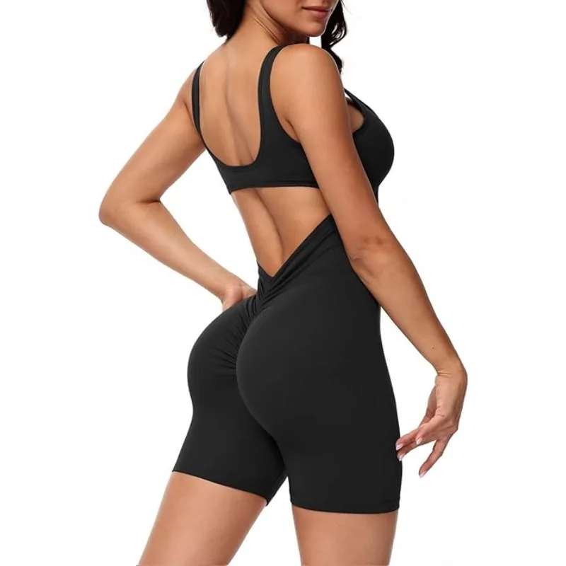 

Sexy Backless Yoga Jumpsuit Short Slim V-shaped Back Peach Butt Sleeveless Yoga Sport Jump Suit Gym Leggings for Women