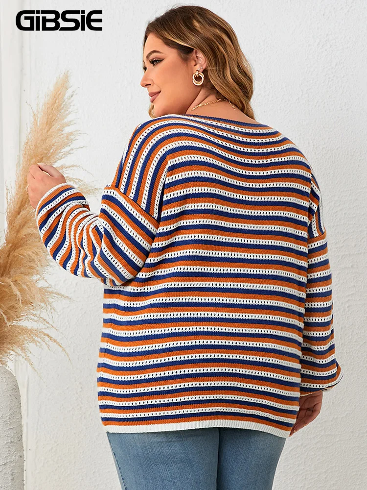 GIBSIE Plus Size Drop Shoulder O-Neck Knitted Sweater Women 2023 Fall Winter Striped Casual Long Sleeve Loose Pullover Tops