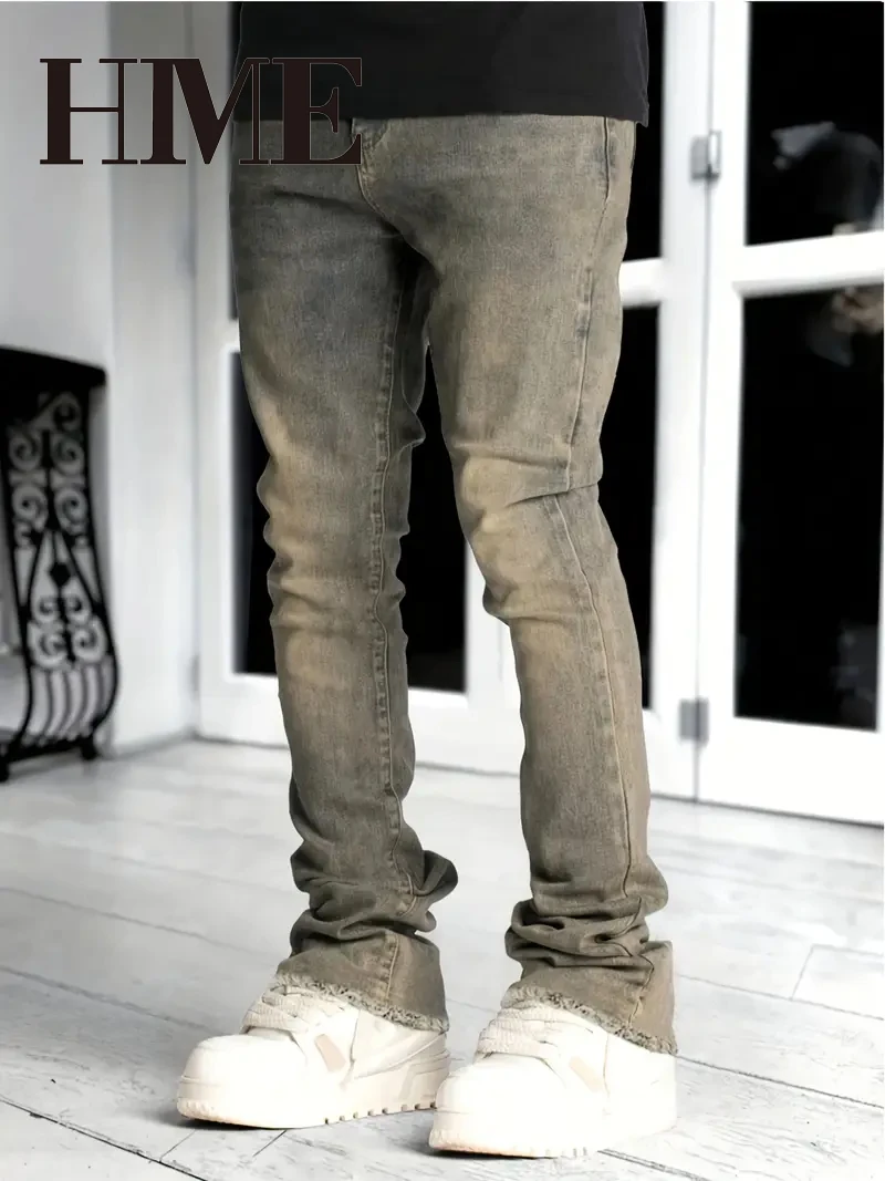 【HME】Men's Jeans | Retro High Street Denim Pants Pair Well with Tees, Hoodies and Jackets, Unique Earth-Toned Wash Suits Daily Commuting, Street Styling and Casual Gatherings, Versatile Design Fits All Seasons and Various Matching Styles Easily