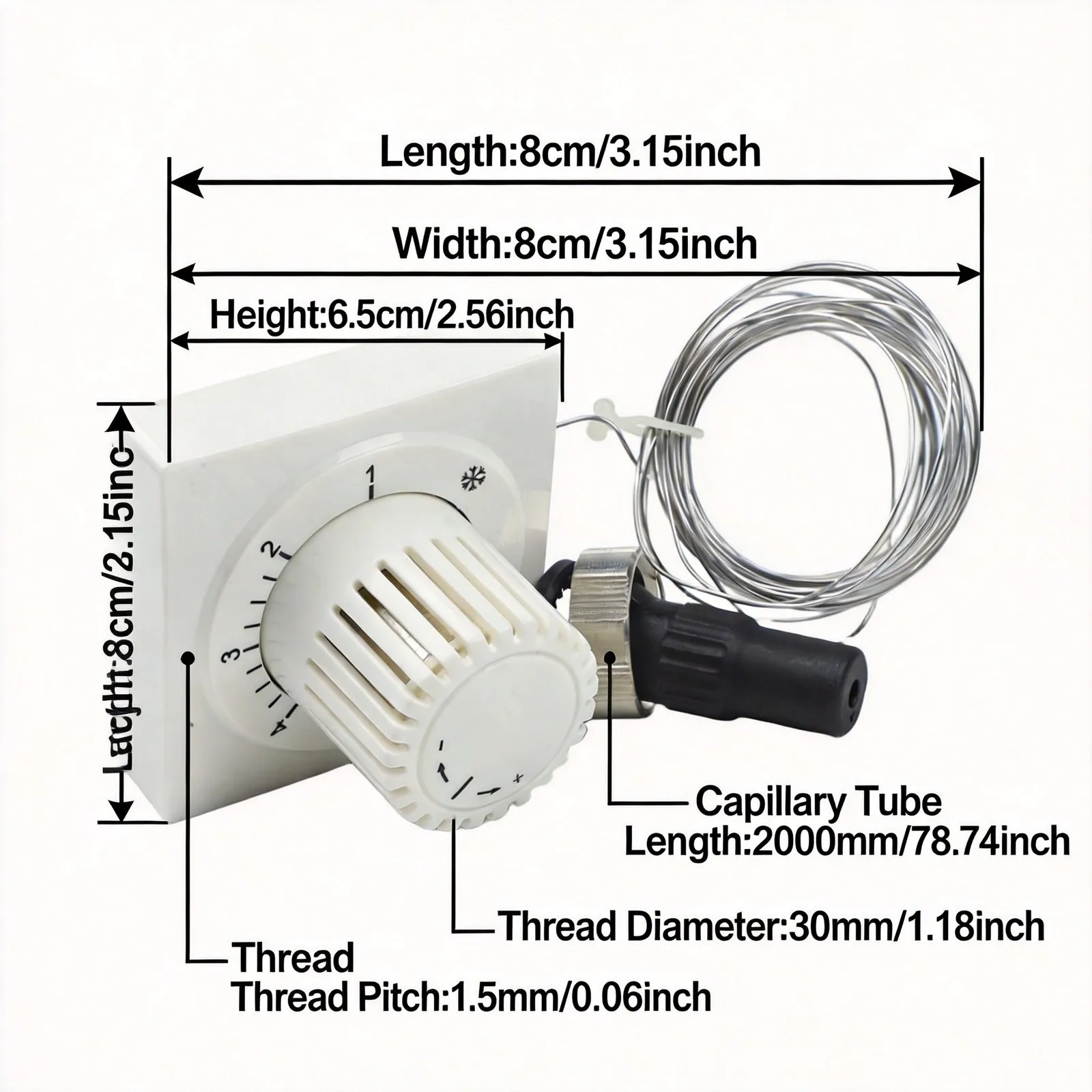 Capillary type thermostat head with 2000 mm tube length for remote adjustment capability and M30x1.5 radiator valve interface