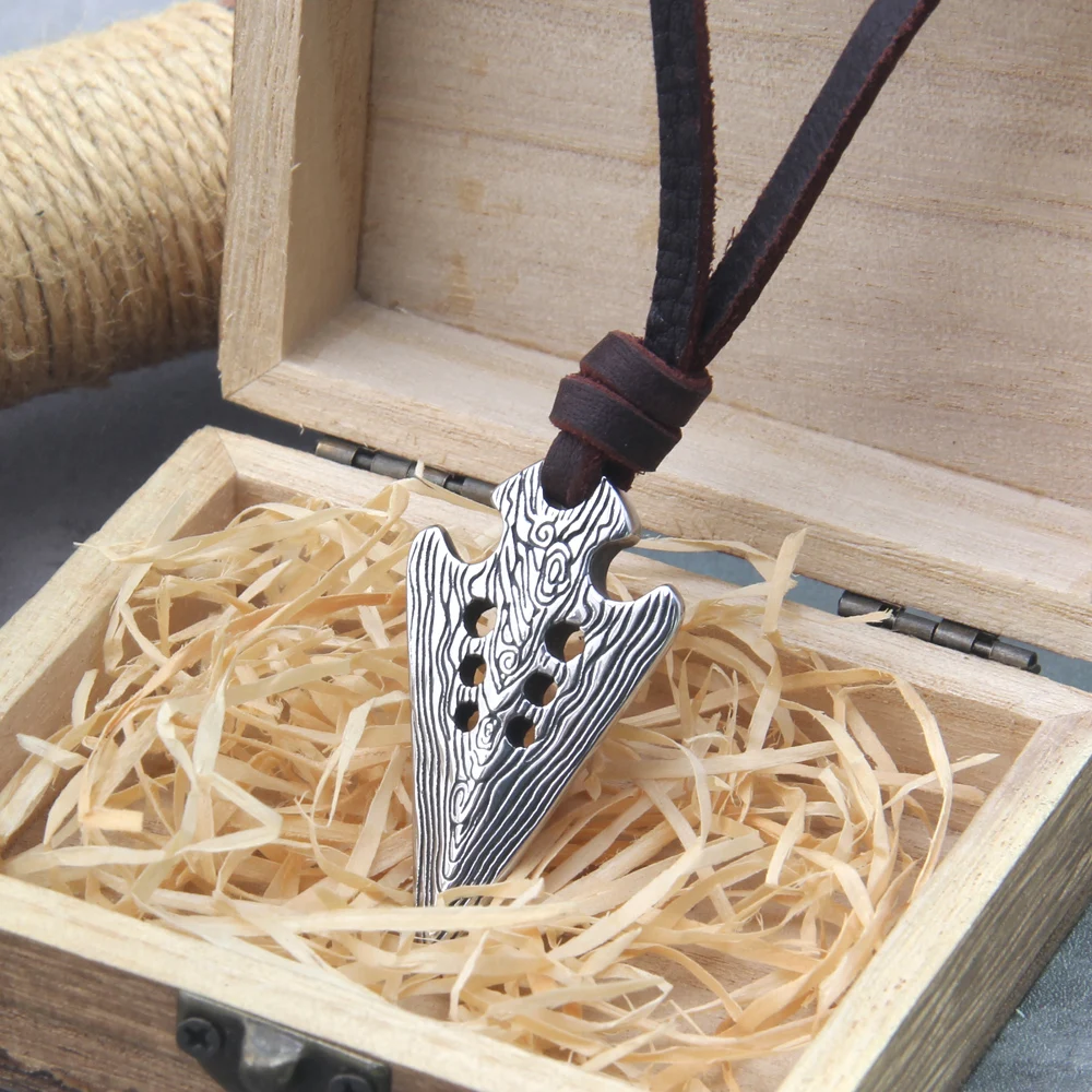 stainless steel Viking Damascus spear Pendant Necklace with really cow leather chain As Men Gift with wooden box as gift