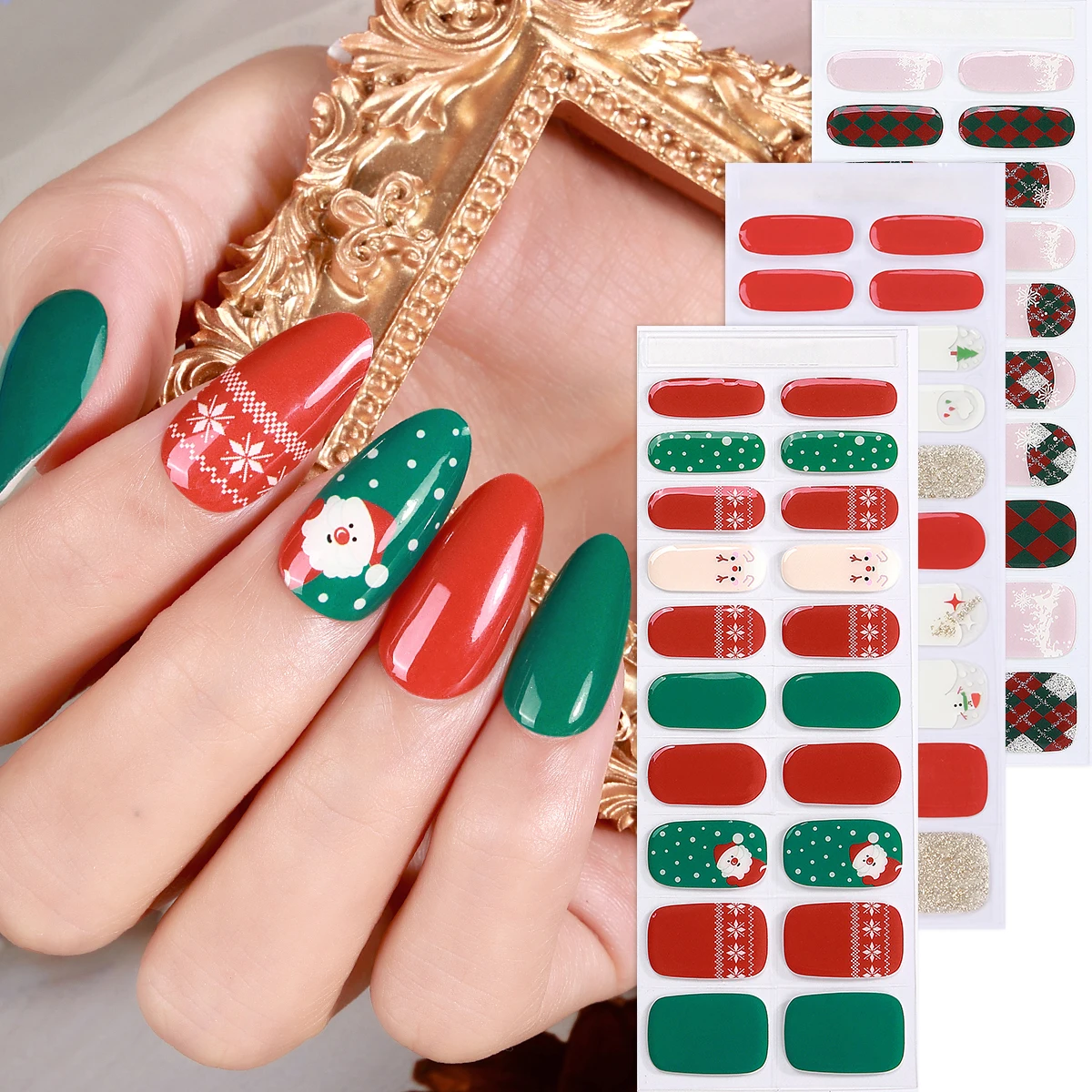 

3sheet Christmas Semi-Cured Gel Nail Strips Red and Green New Year Nail Gel Stickers For Festival Manicure Adhesive Nail Wraps