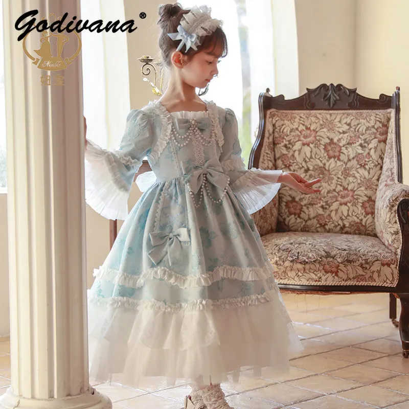 

Baby Girls Princess Lolita Dress 2026 Spring and Autumn Kids High End Handmade Pearl Bow Mesh Ruffle Trim Birthday Tutu Dress