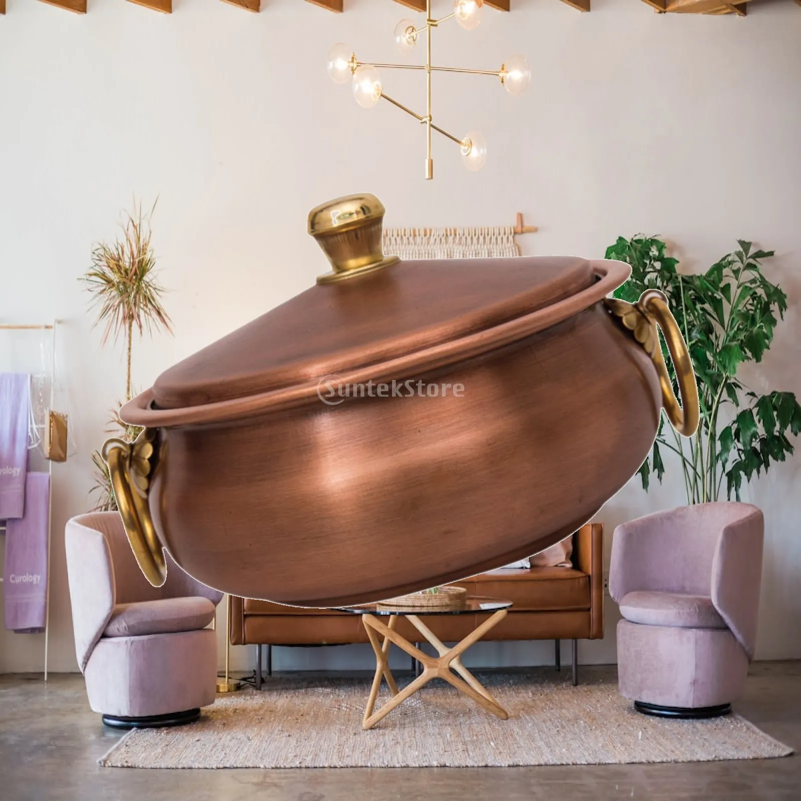 Round Copper Cookware Stockpot with Lid Vintage Style for Soup Meat Hotpot Cooking on Gas Induction Stove Home