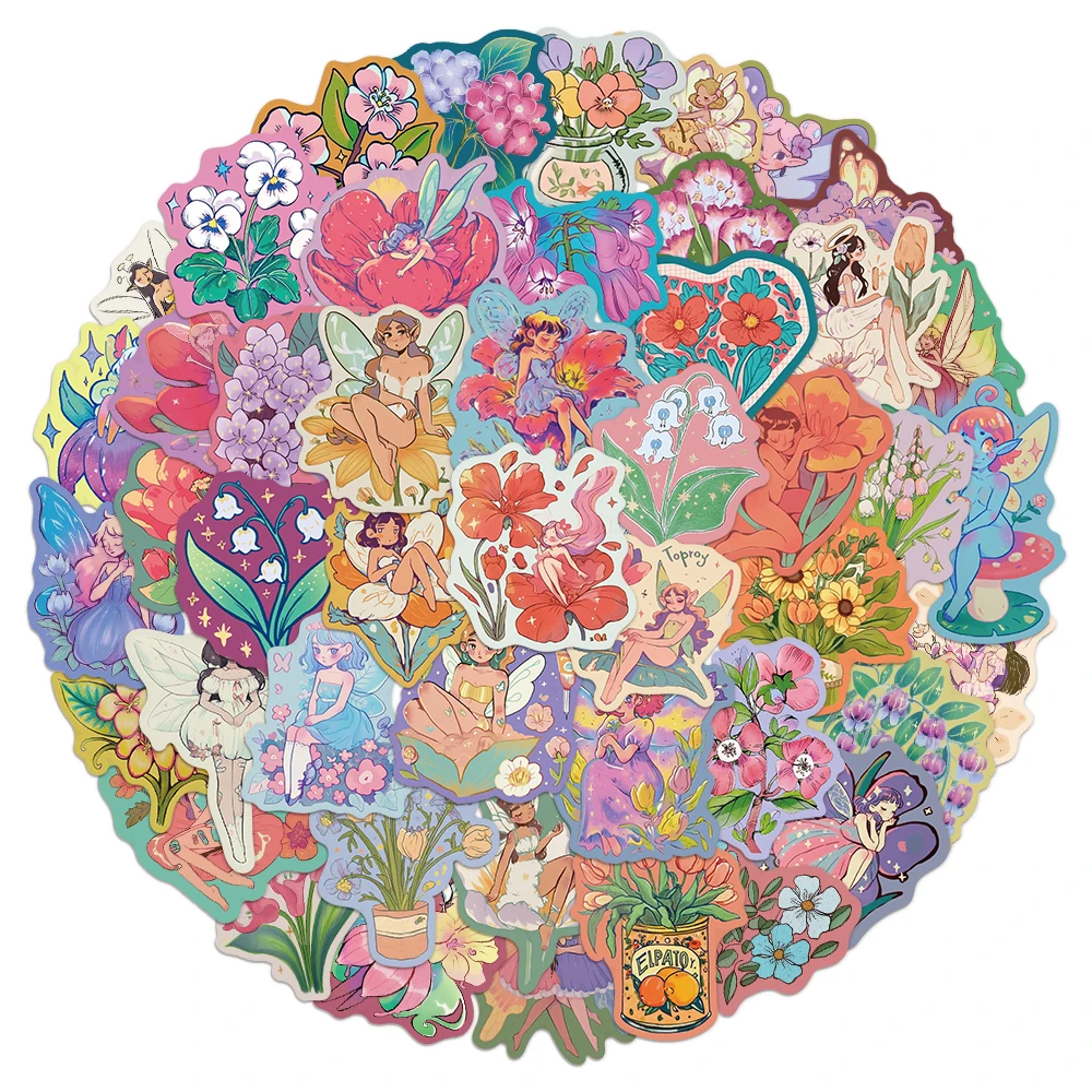 50PCS Flower Fairy Cute Cartoon Stickers DIY Wallet Scrapbook Phone Case Laptop Tablet Decorative Stickers