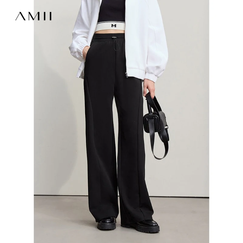 Amii Cotton Pants For Woman 2026 Autumn New Adjustable Rubber Band Waist Casual Pants Long Wide Leg Knit Women Trousers 12641040