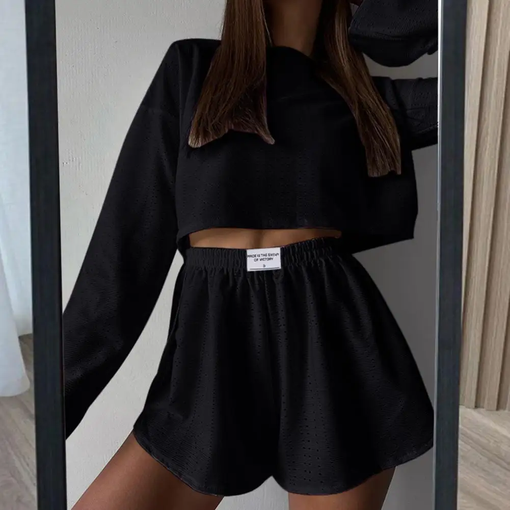 Casual Two-piece Outfit Breathable Homewear Set Women's Loose Long Sleeve Top Shorts Outfit with Elastic Waist Soft for Summer