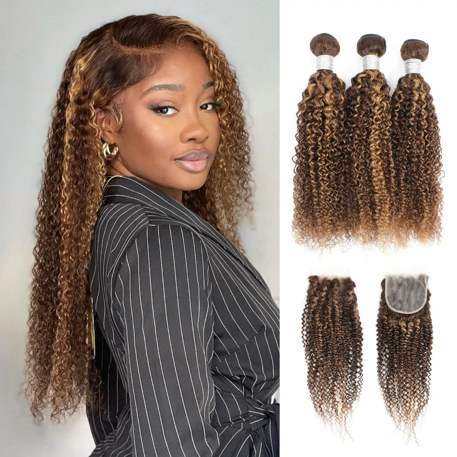 

Наборы кудрявых волос P427 Highlight из 100% натуральных человеческих волос с закрытием 4x4 HD Transparent Lace, бразильские необработанные волосы для наращивания