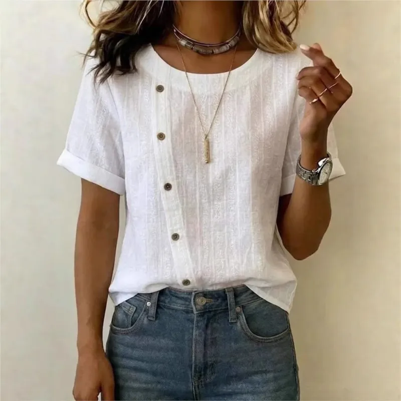 

Simple Casual Button T-hirt 2026 Summer Short Sleeve Round neck Solid color Loose Blouse Elegant Oversize Tee Shirt Streetwear