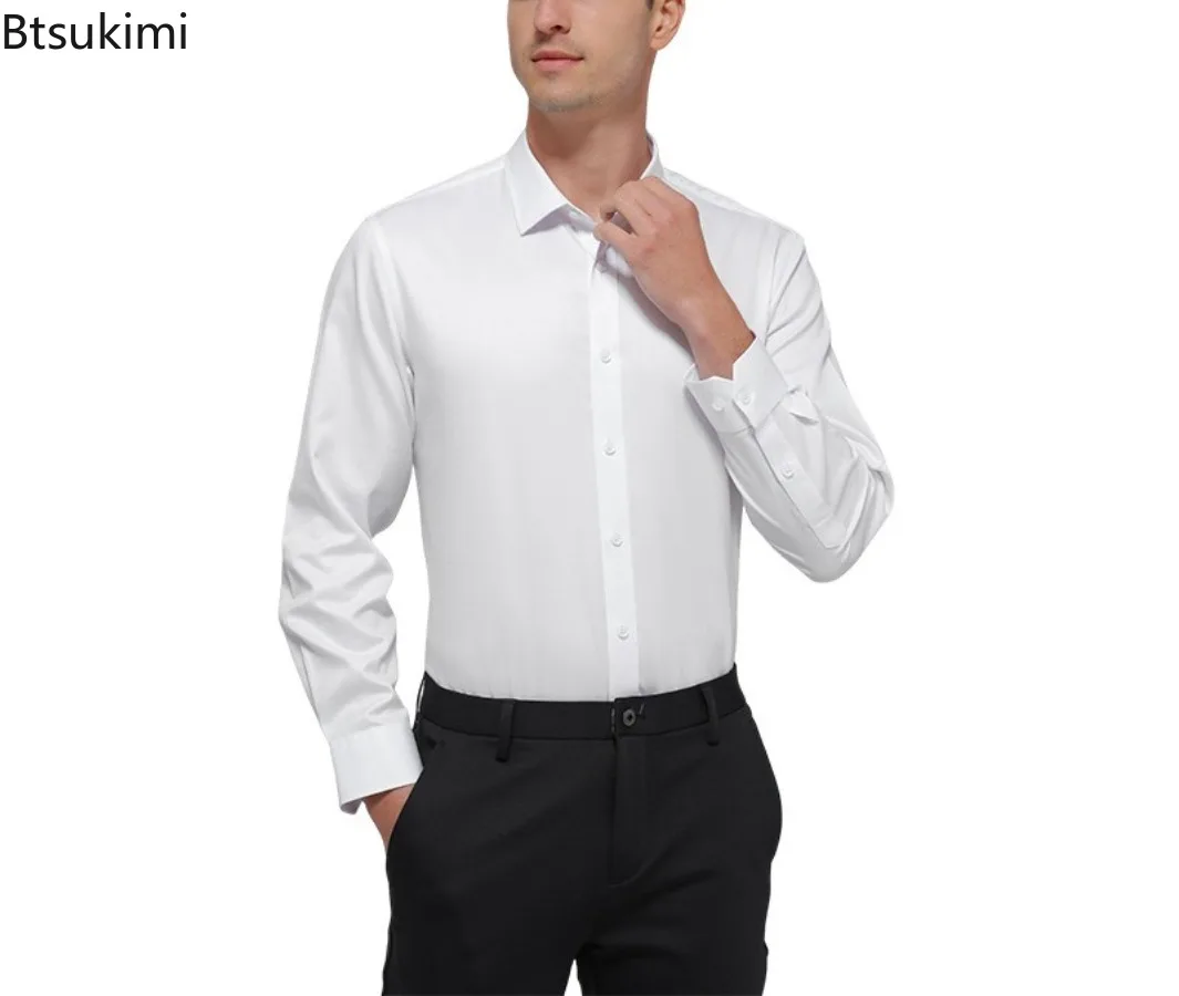 عالية الجودة الرجال قميص الصلبة مرونة المضادة للتجاعيد غير الكي سليم موضة عادية الأعمال مكتب فستان بكم طويل قميص