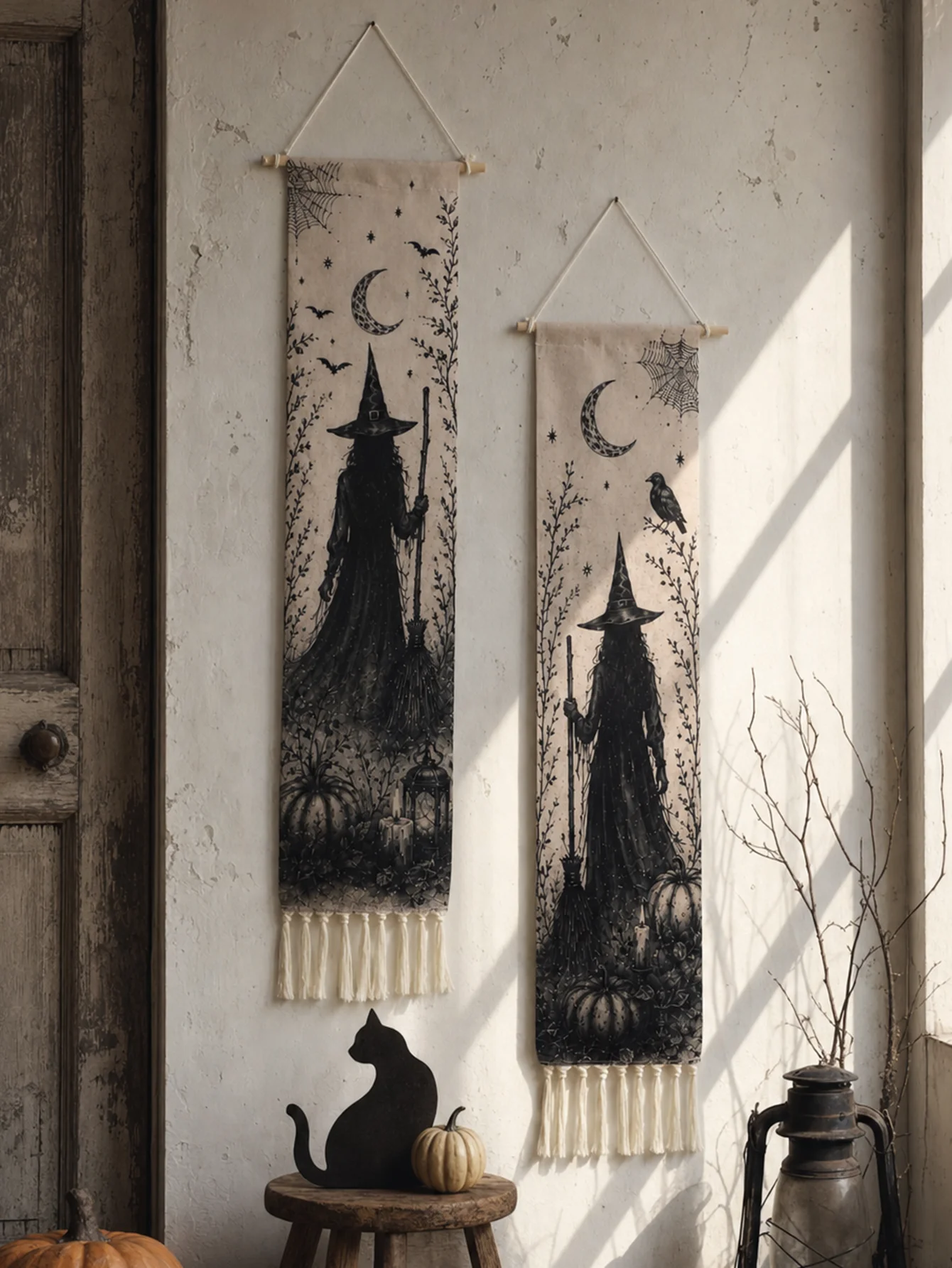 Halloween-Wandteppich mit Quasten, Gotische Hexe, Schwarze Katze, Krähe, Geisterhaus, Totenkopf-Druck, Vintage Grusel-Wandbehang Deko – Detail 26